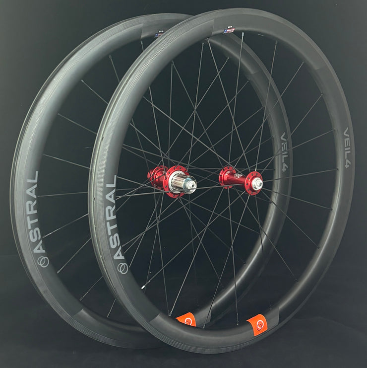 Veil 4 T11 Rim Brake Wheelset; Red Hubs, MADE Display