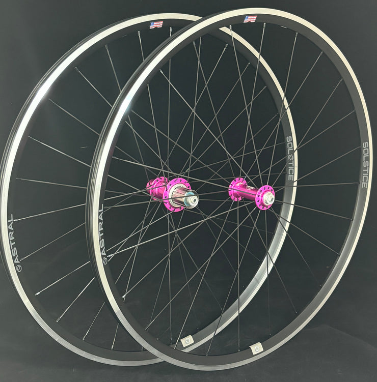 Solstice T11 Rim Brake Wheelset; Pink Hubs. MADE Display